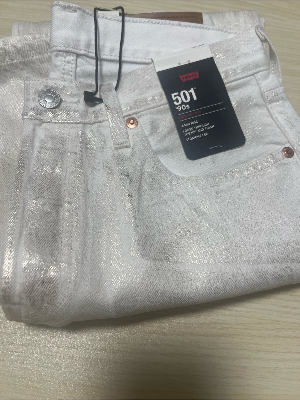 Levi’s Premium 501 ’90s Metallic Foil Straight Jeans White Gold NWT 26x30 - Picture 3 of 10